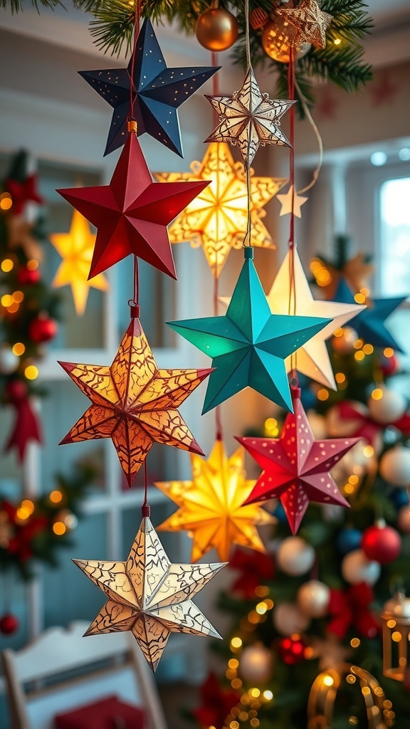 Colorful 3D paper stars hanging from a Christmas tree, creating a festive holiday atmosphere.